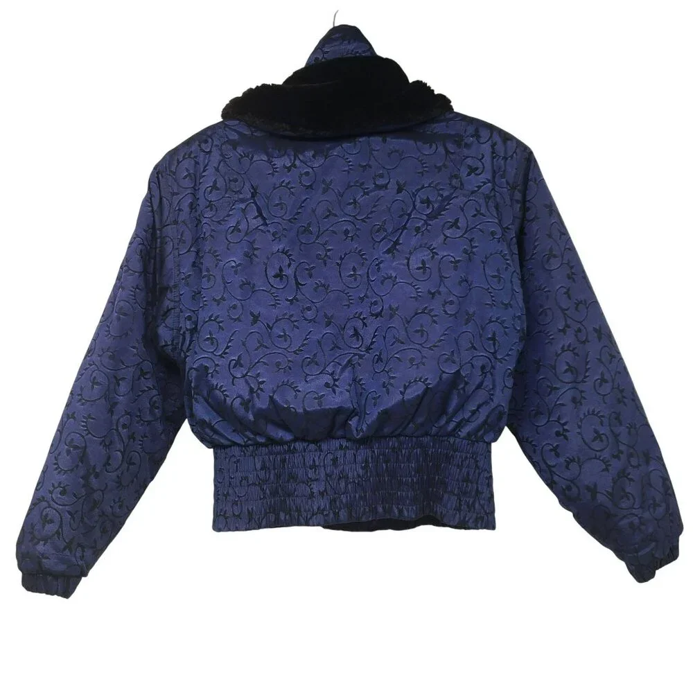 Vintage Nils Down Fill Ski Jacket Winter Coat Fur Trim Blue Jacquard Print Retro - Picture 3 of 16
